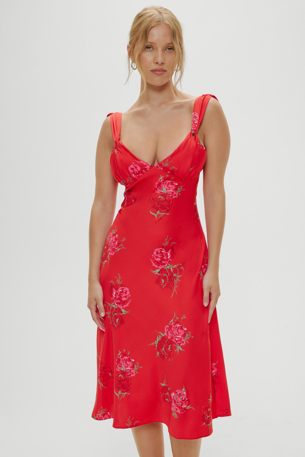 Aurora Satin Floral Midi Dress - Red Rose Brushstroke - Image 2