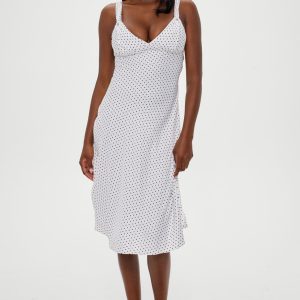 Aurora Satin Midi Dress - White Polka Dot