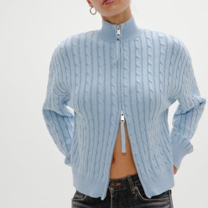 Bea Cable Knit Zip Up Sweater - Daydream