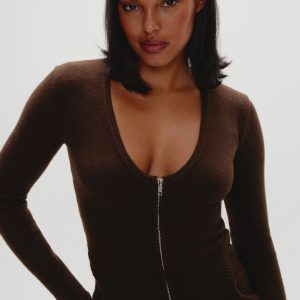 Sienna Zip Up Knit Sweater - Chocolate Brown