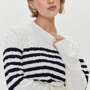 Varsity Striped Cable Knit Sweater - Ivory