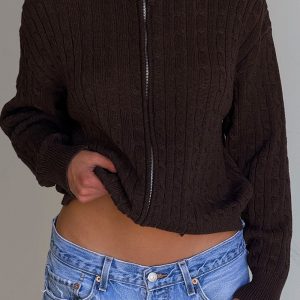Bea Cable Knit Zip Up Sweater - Chocolate Brown